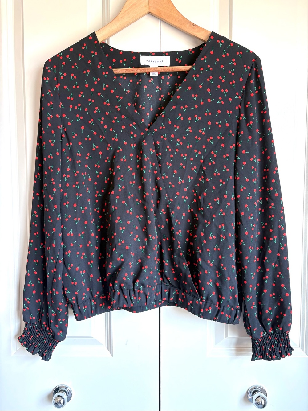 Popsugar Black Blouse Top with Elastic Cuffs & Hem All Over Cherry Print Medium